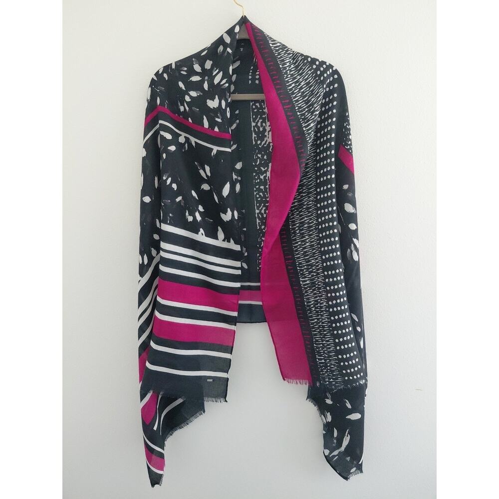 J & M Viscose Scarf Wrap Navy Blue Pink Mixed Print Fringe 32X74 Boho Editorial